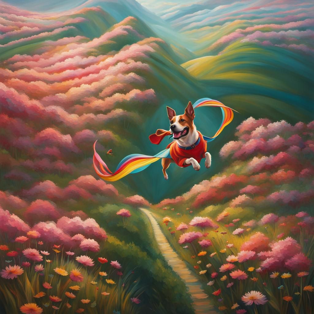 Dog Soars Through Sky in Whimsical Aerial Scene