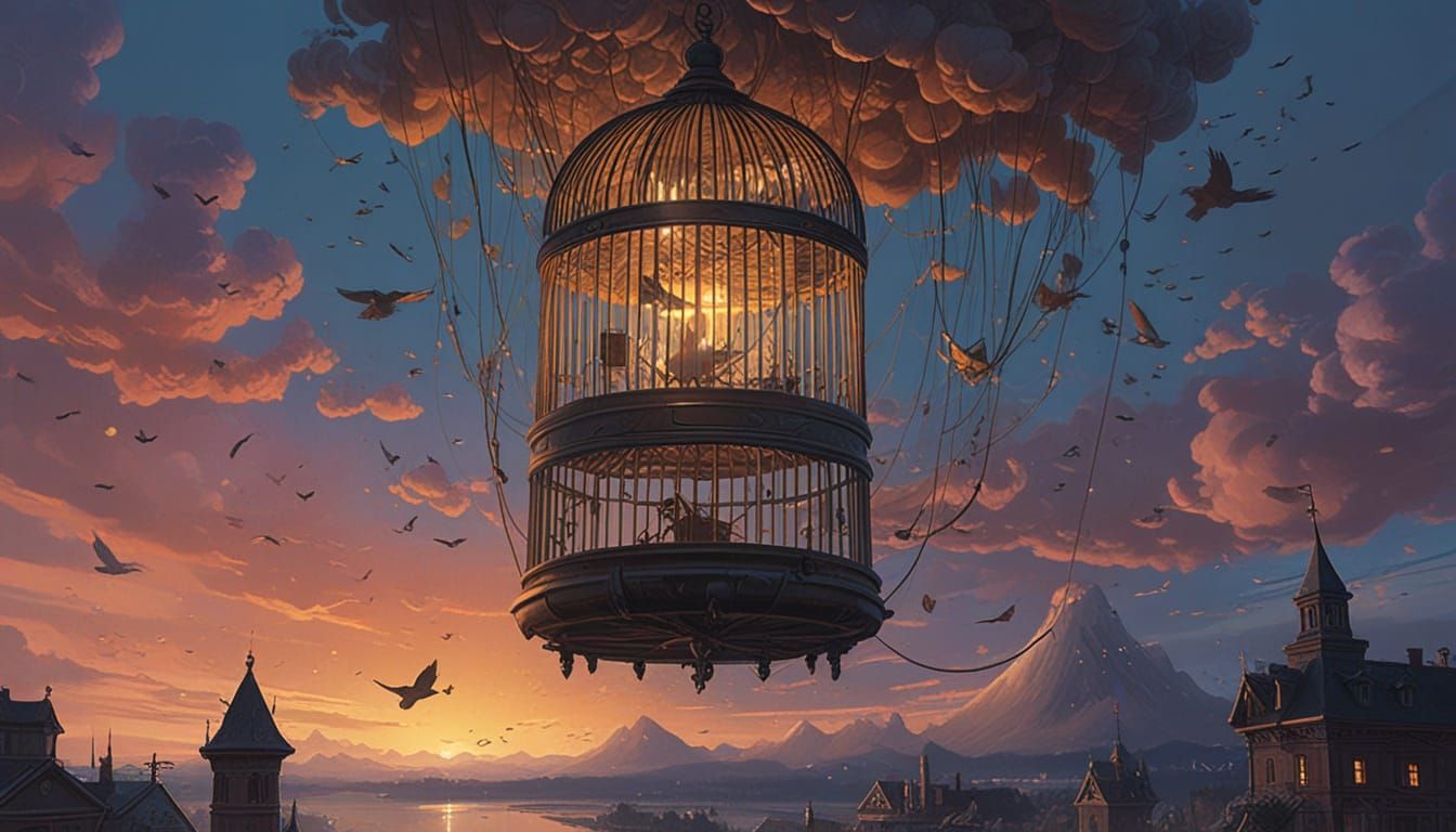 Brass Birdcage Levitates in Twilight Dreamscape