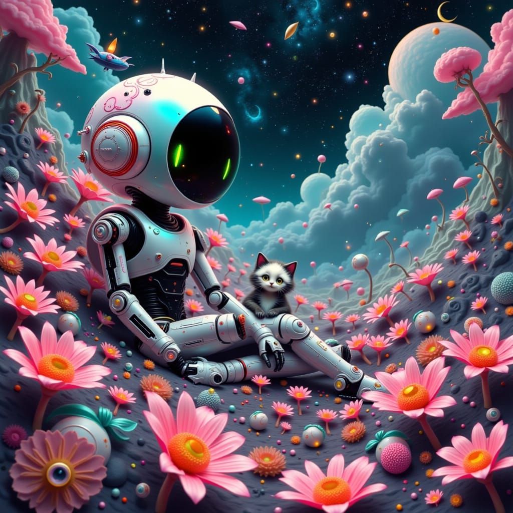 Cosmic Robot and Kitty in Celestialpunk Style