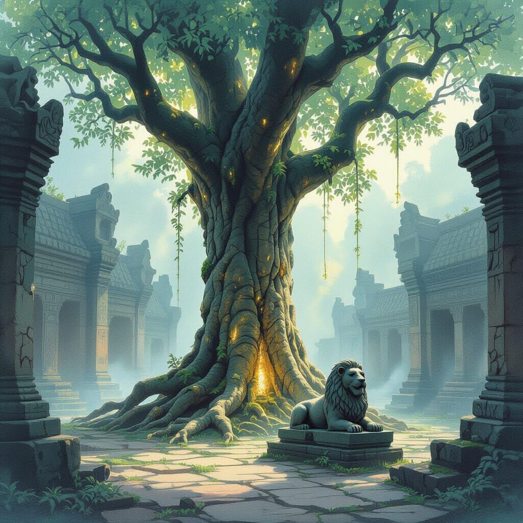 Ancient Tree with Glowing Roots in Misty Temple Courtyard