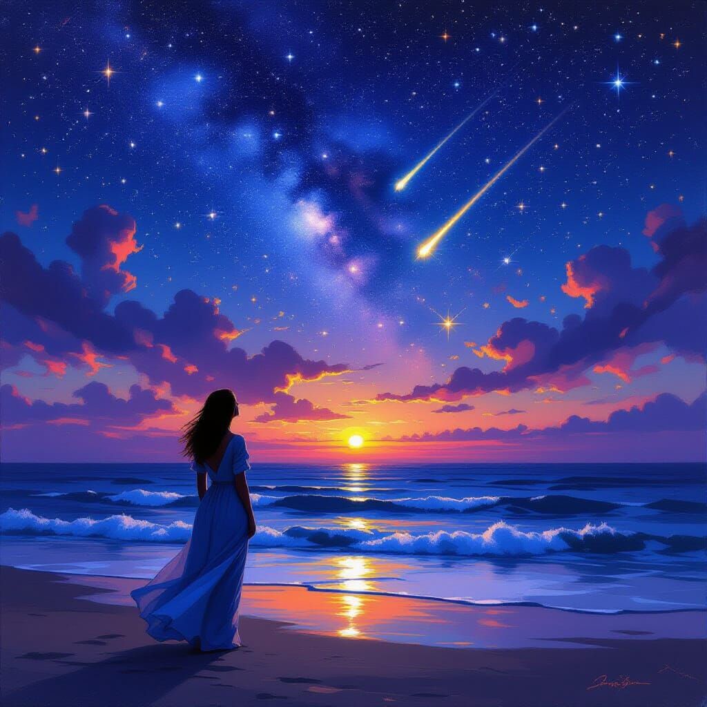 Serene Woman Gazing at Starry Ocean Sky