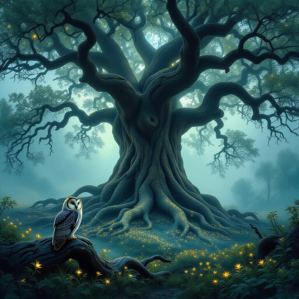 Ancient Oak Tree in Misty Forest with Bioluminescent Flowers