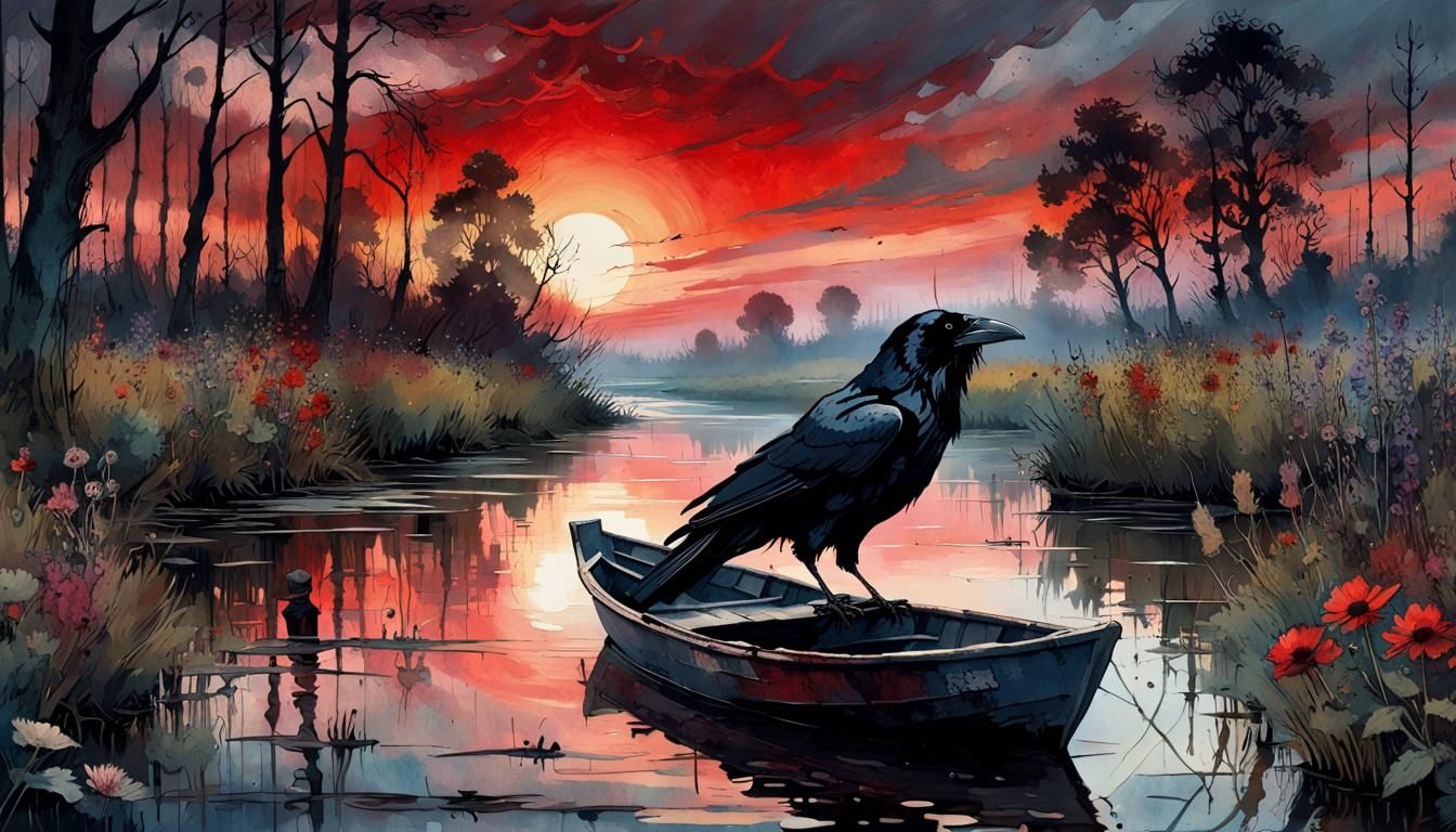 Raven on Swampy River at Sunset: Color Print Art