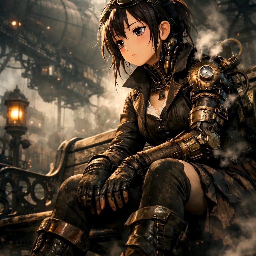 Steampunk Woman on Bench at Airship Stop