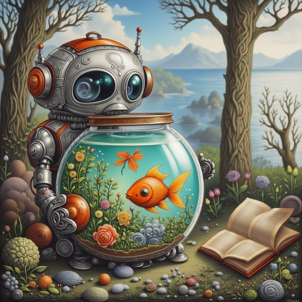 Cute Robot Holding a Fishbowl