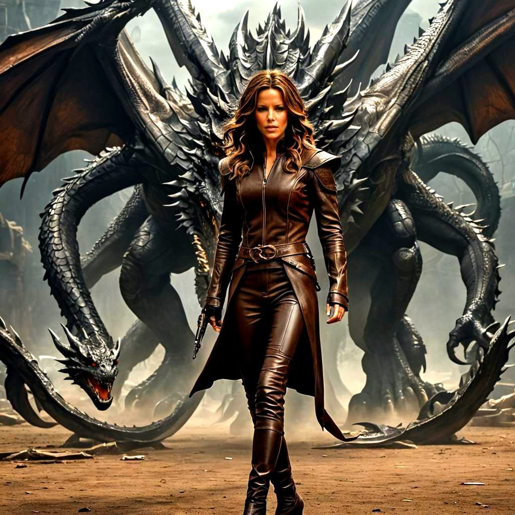 Woman Confronts a Multi-Headed Dragon