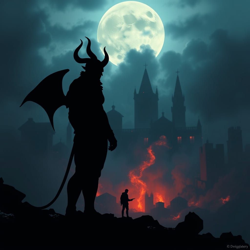 Surreal Silhouette of the Devil in Post-Apocalyptic Landscap...