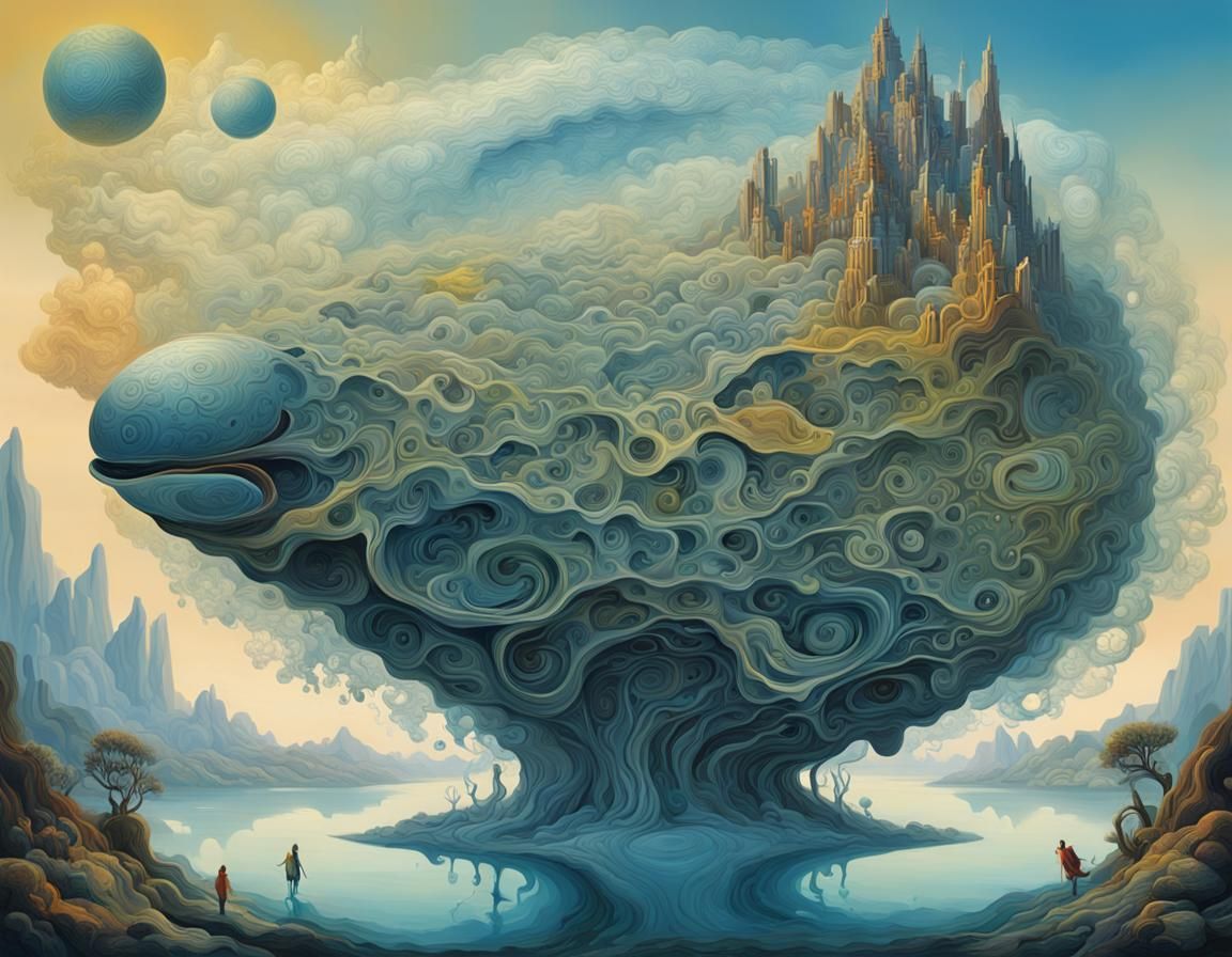 Surreal Lakeside Scene with Cyborg and Child