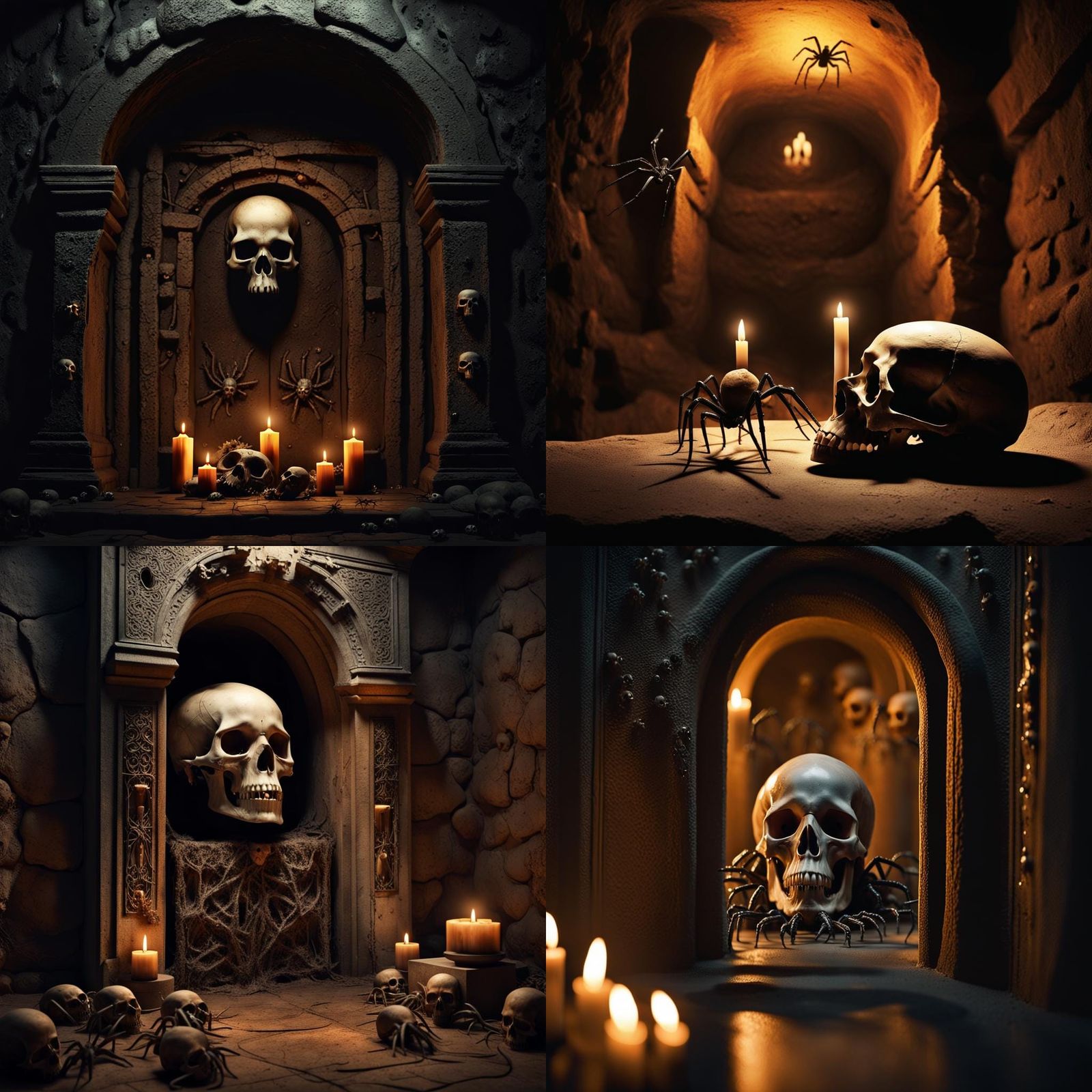 Ominous, Candlelit Tomb with Skull and Spiders