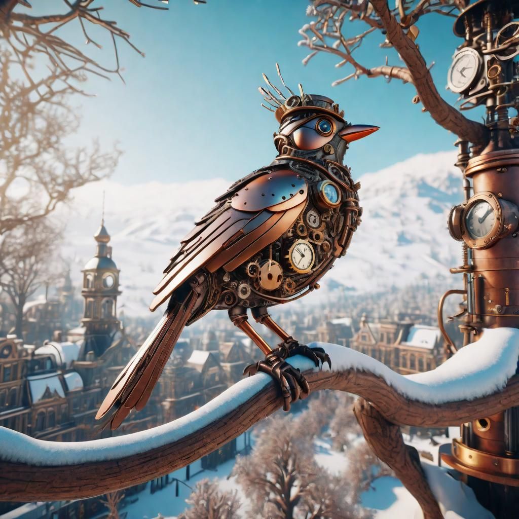 Steampunk Bird in Winter Wonderland: Hyperdetailed 3D Render...