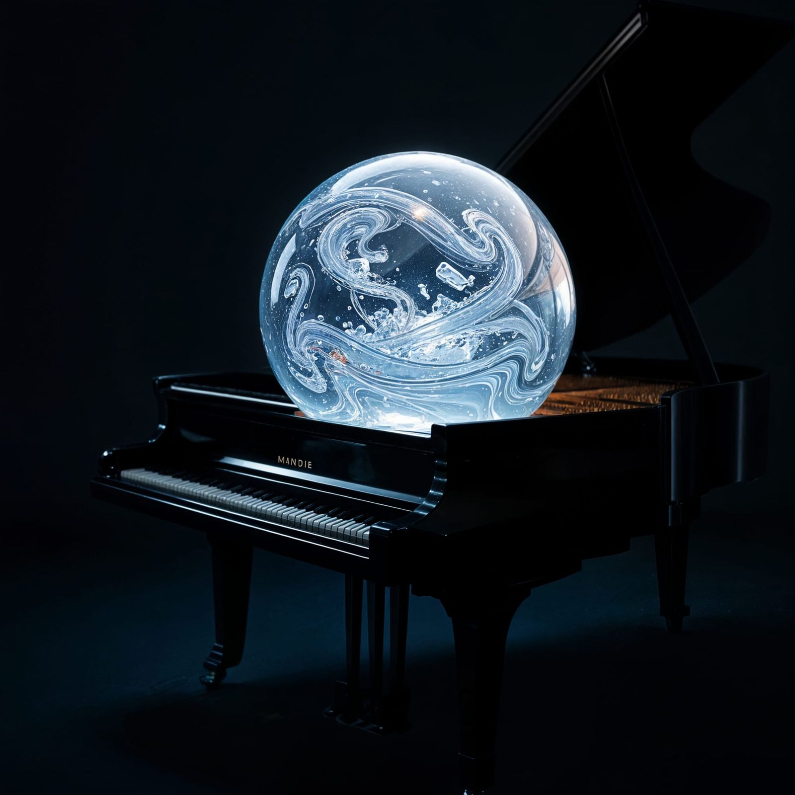 Glass Sphere with Chemicals on Black Piano