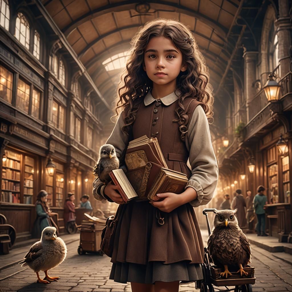 Girl with Duckling at Train Station: Digital Art