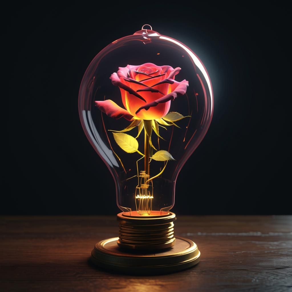 Luminescent Rose in Edison Bulb, 3D Render