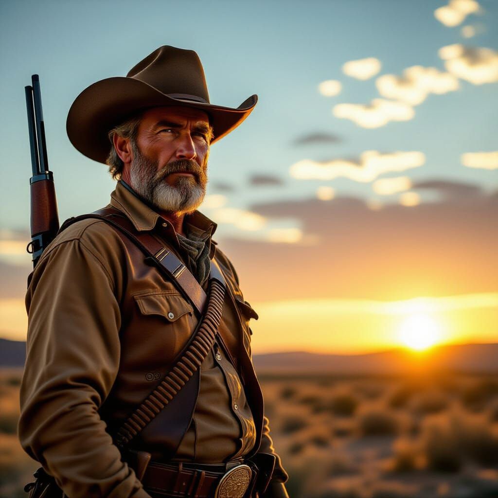 Stoic Cowboy on Mesa at Sunset, Old West Photorealism