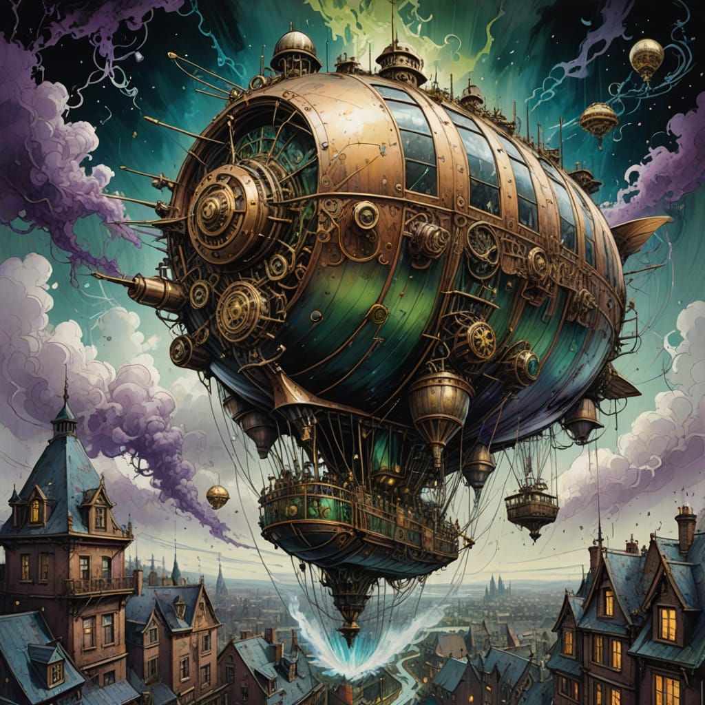 Steampunk Airship Spiraling into Vortex Illustration