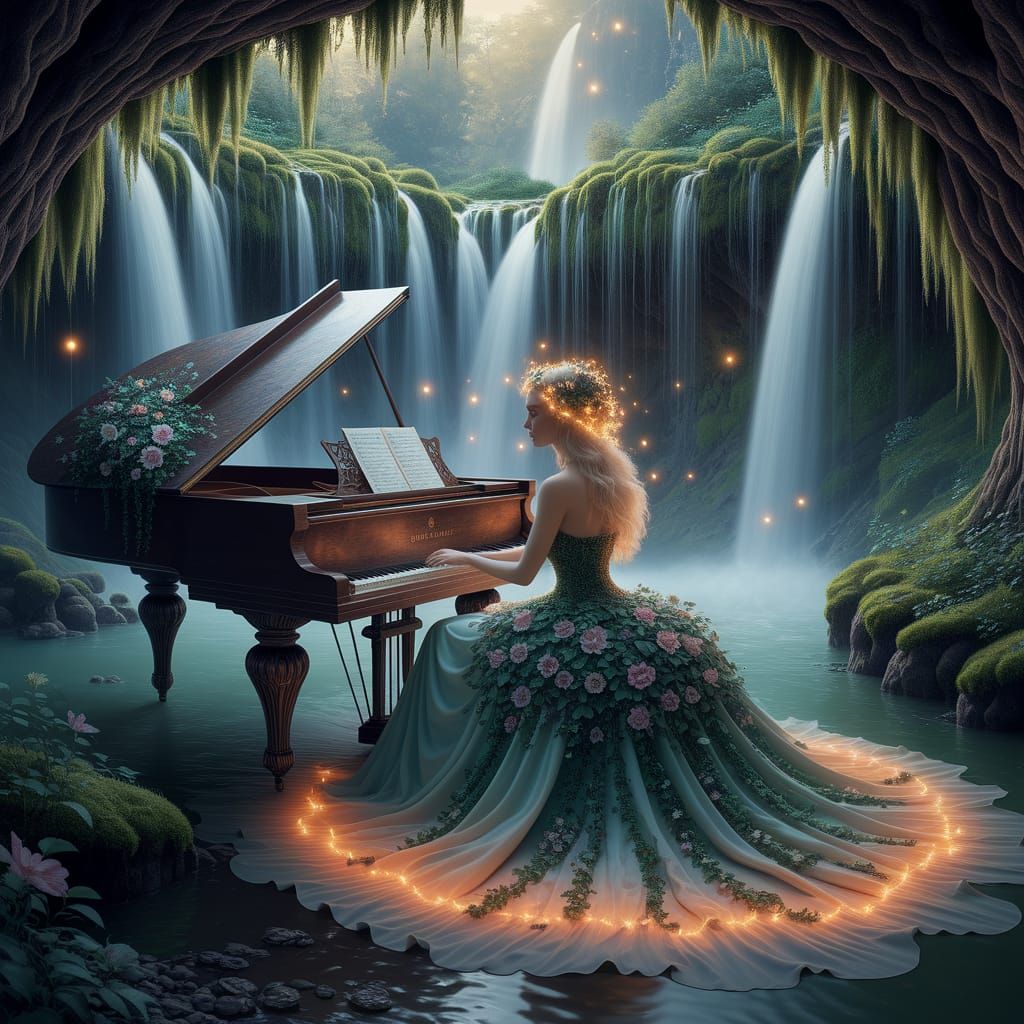 Fire Goddess Playing Piano in Grotto, Art Nouveau