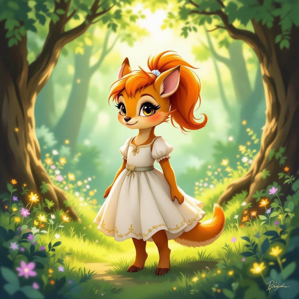 Whimsical Faun Girl in Sunlit Forest Clearing