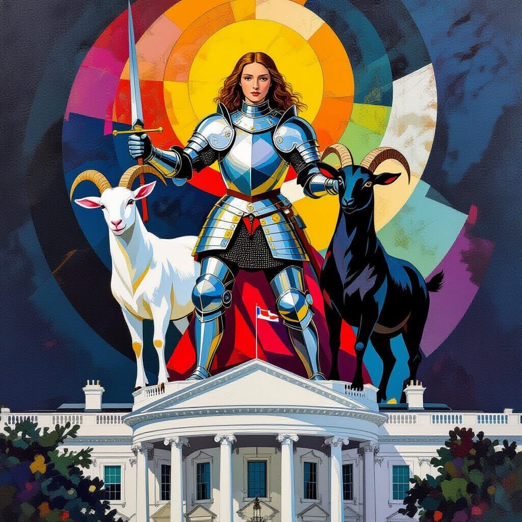 Joan of Arc with Goats on White House, Abstract Fantasy Art