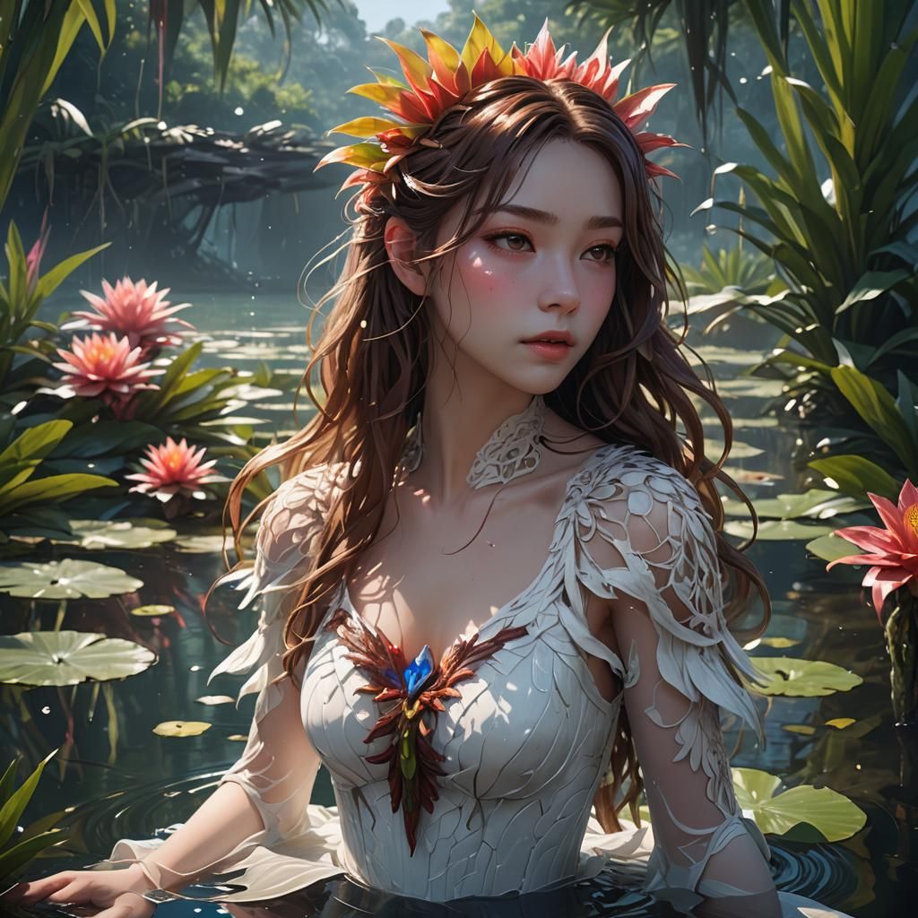 Fantasy Woman Emerges from Giant Bromeliad: Anime 3D Art