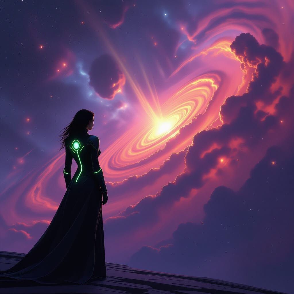 Woman at Nebula Edge in Space Opera Style
