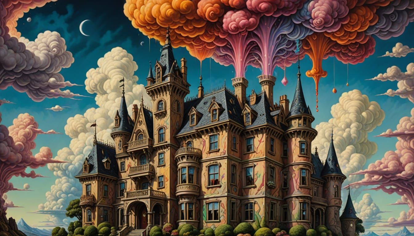 Surreal Lowbrow Castle Portrait in Vibrant Colors and Swirli...