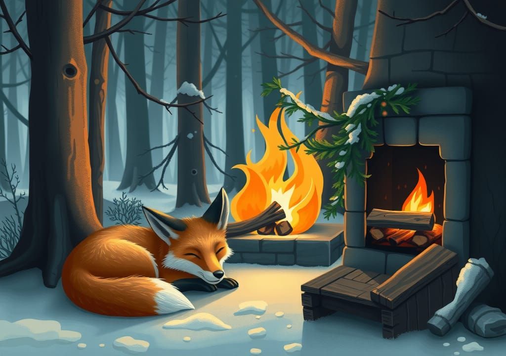 Sleeping Fox by Fireplace in Winter Forest