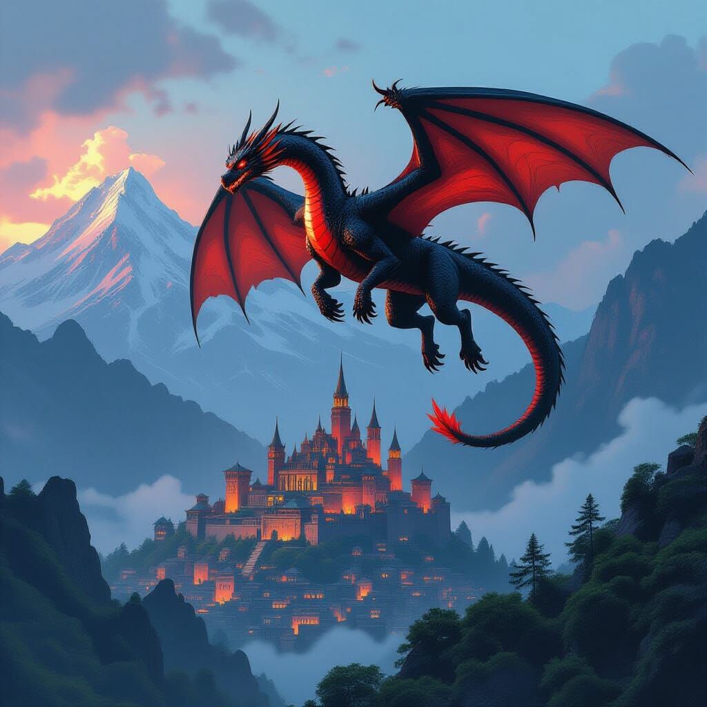 Black Dragon Takes Flight Over Cyberpunk City