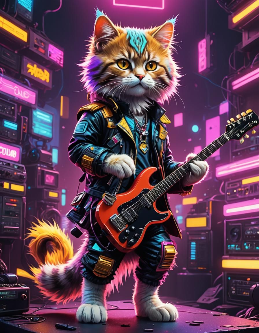 Cyberpunk Rock Star Cat in Neon Lights