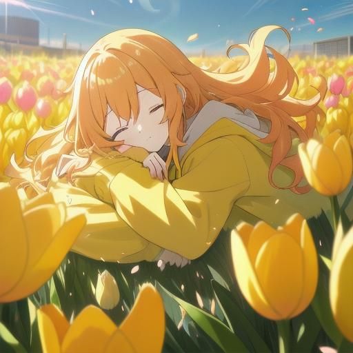 Anime Girl in Yellow Hoodie Among Tulips