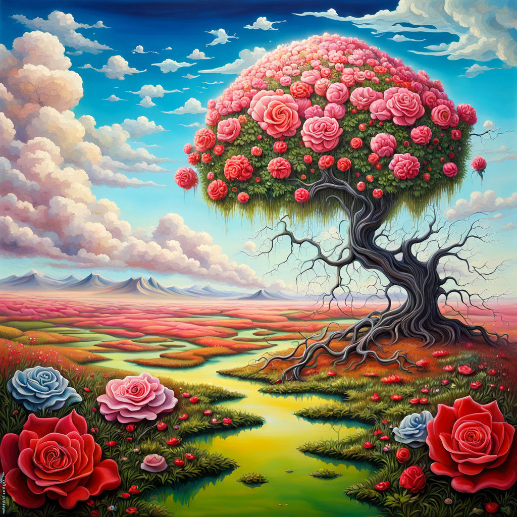 Surreal Florid Fantasy Landscape with Shiny Rose and Tree