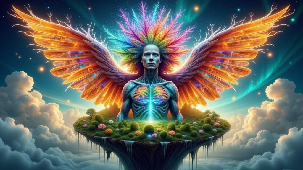 Surreal X-Ray Portrait with Rainbow Lightning Wings