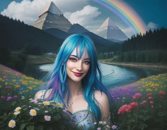Woman with Blue Hair in Colorful Landscape