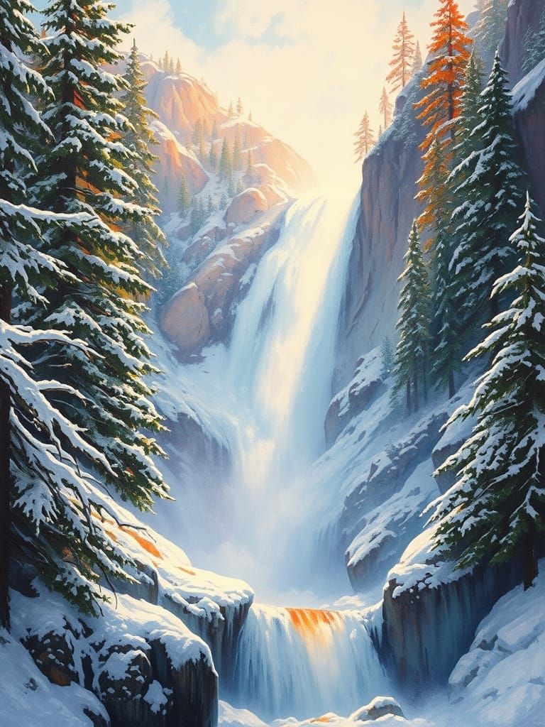 Epic Impressionist Waterfall in Vibrant Snowy Landscape