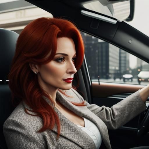 Attractive Woman Driving Into City, Cinematic Style