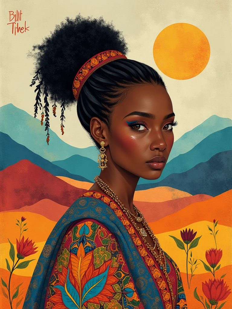 African Woman in Indian Landscape, Watercolor Style