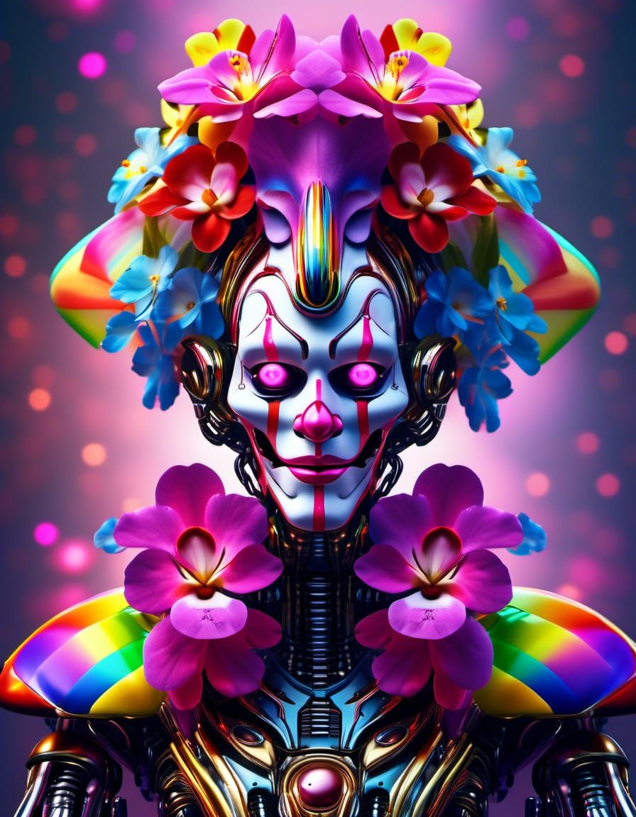 Surreal Rainbow Robot Clown with Glowing Eyes