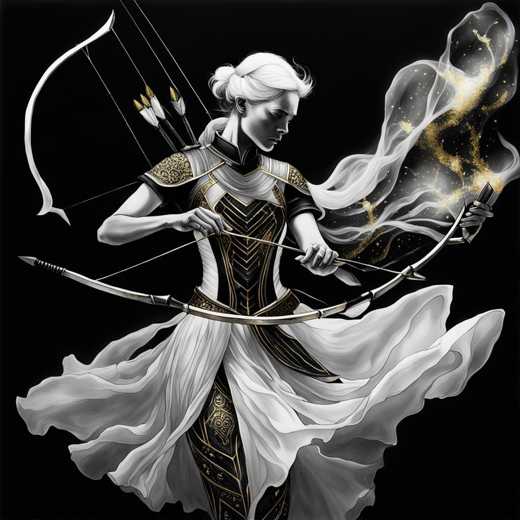 Bioluminescent Cloisonné Girl with Arrows in Black and White