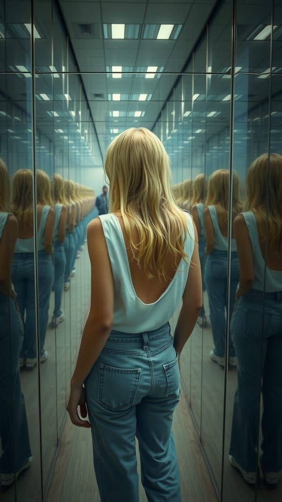 Surreal Portrait of a Blonde Woman in Infinite Reflections