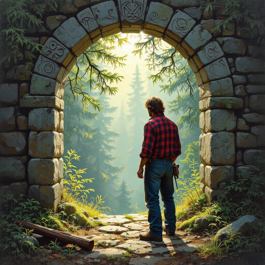 Timberframer at Ancient Stone Archway: Impasto Style