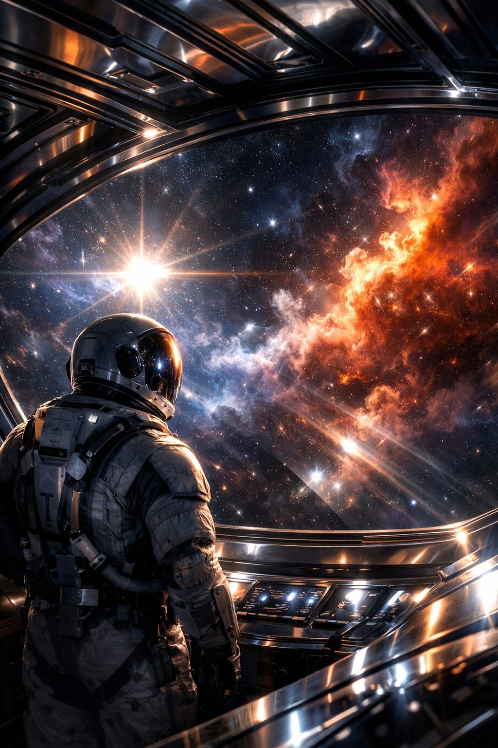Astronaut Views Nebulae From Futuristic Spaceship
