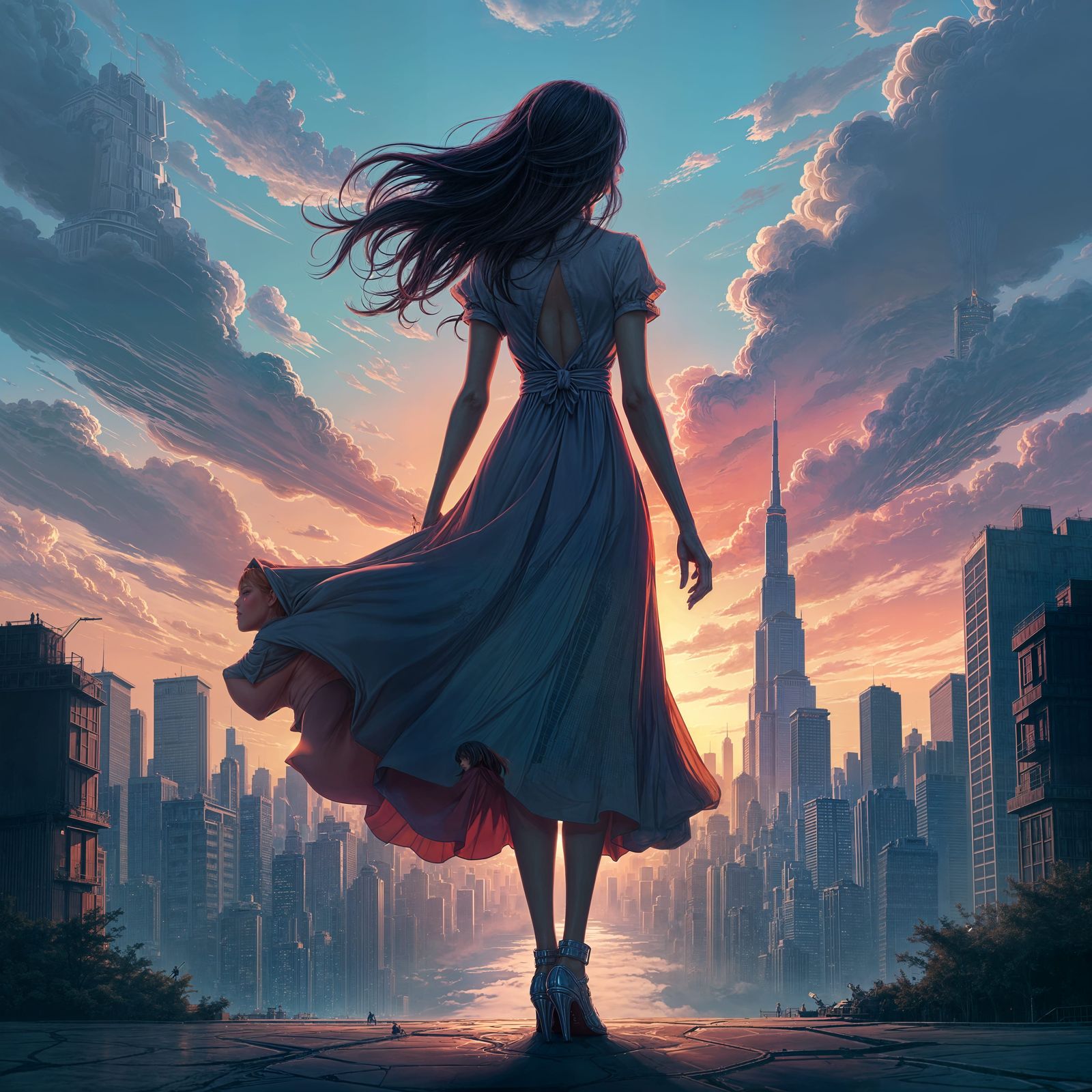 Giant Girl and Skyscraper in Anime Style