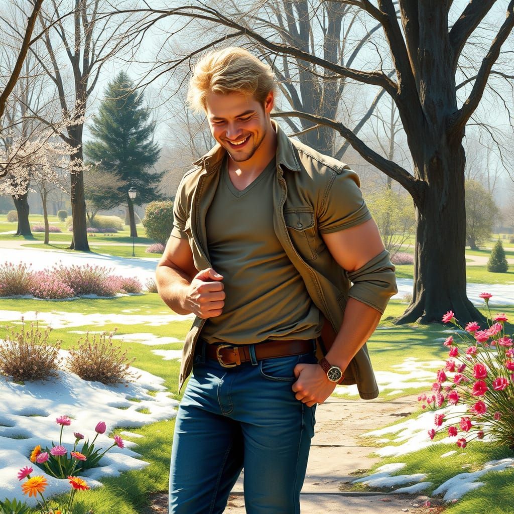 Tall Blonde Man Smiles at Melting Snow