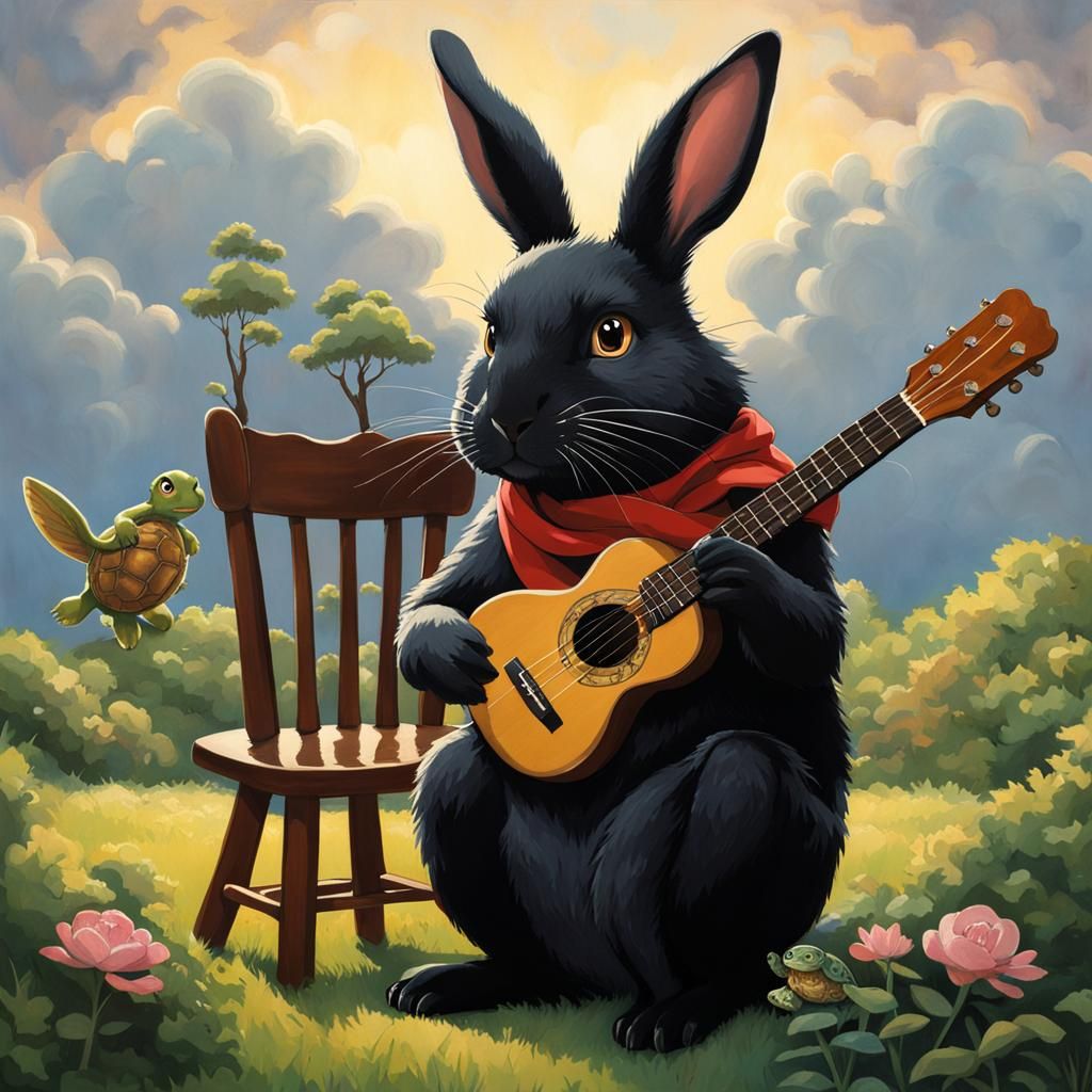 Studio Ghibli Black Rabbit with Ukulele and Turtle
