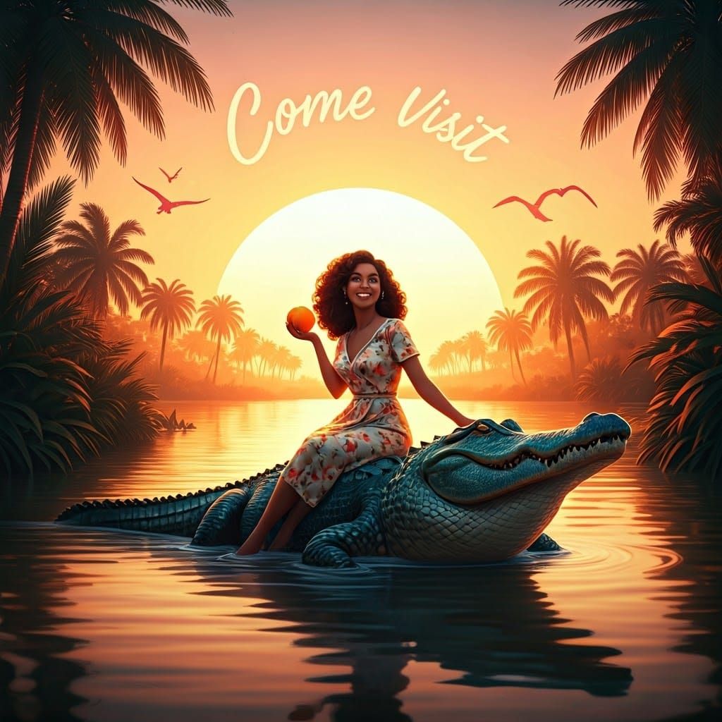 Woman Rides Alligator in Florida Swamp Sunset