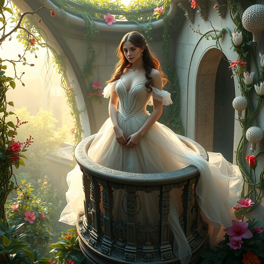 Fantastical Juliet in Elaborate Gown, Ancient Balcony and Vi...