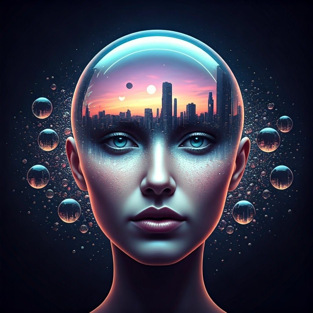 Ethereal Woman's Face with Futuristic Cityscapes