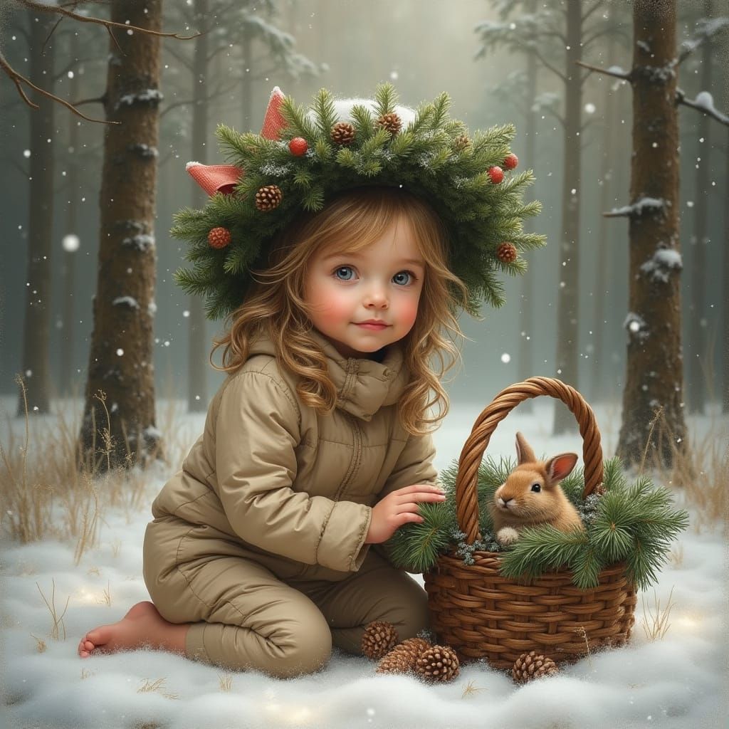 Girl in Wreath Hat Kneeling in Winter Forest