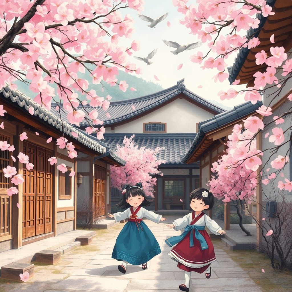 Korean Hanok Houses Amidst Cherry Blossom Bloom