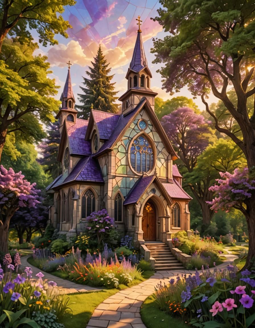 Enchanted Church with Purple Flower in Golden Light