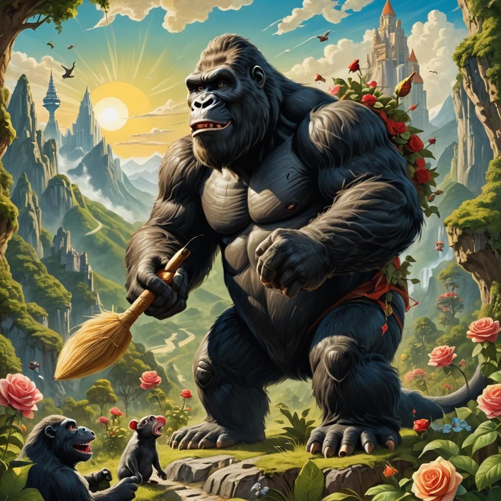 King Kong's Whimsical Dental Hygiene in Fantasy Illustration